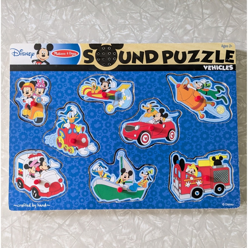 Melissa & Doug Disney Mickey Mouse Vehicles Wooden Peg Puzzle Sound Works! 8 pcs